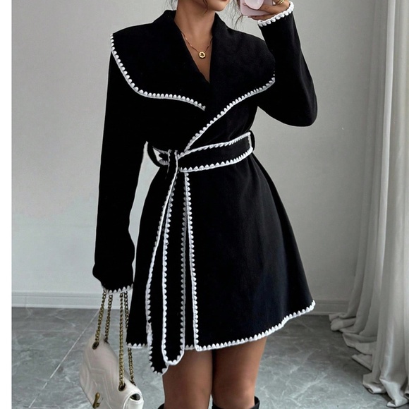 Solid Wide Collar Color block Belted jacket Coat - Picture 3 of 8